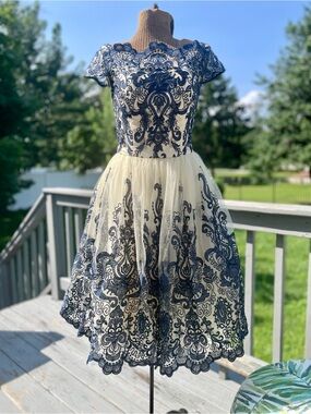 Chi Chi London Navy and Cream Lace Appliqué Midi Dress